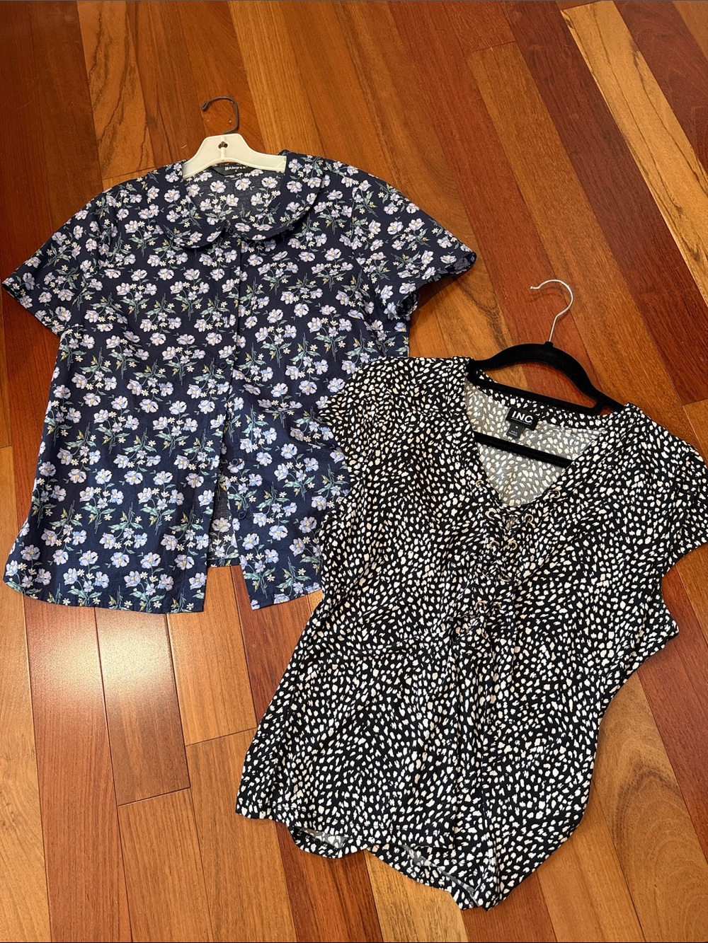 INC and Allegra Black and White Printed Tie-Front Blouse. And purple/ blue top